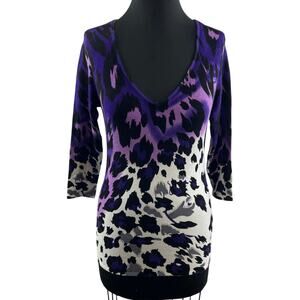 CACHE Purple Black White Animal Print Leopard 3/4 Sleeve Knit Top XS NEW